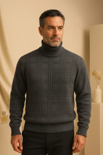 پلیور بافت چهارخونه یقه اسکی